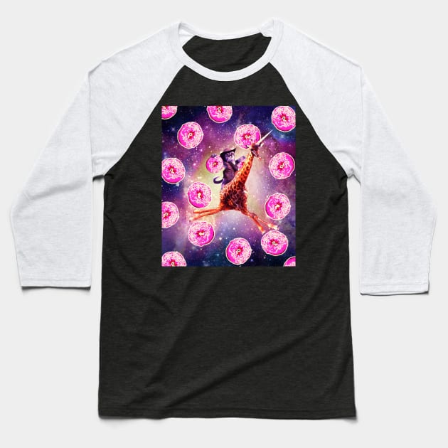 Cowboy Space Cat On Giraffe Unicorn - Donut Baseball T-Shirt by Random Galaxy